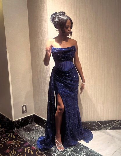 Strapless Royal Blue Sequin Formal Prom Dress With Slit  J12136