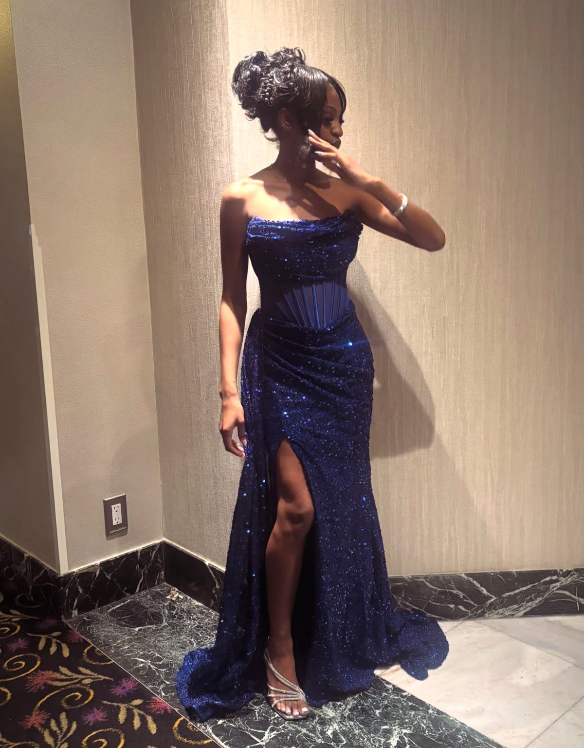 Strapless Royal Blue Sequin Formal Prom Dress With Slit  J12136