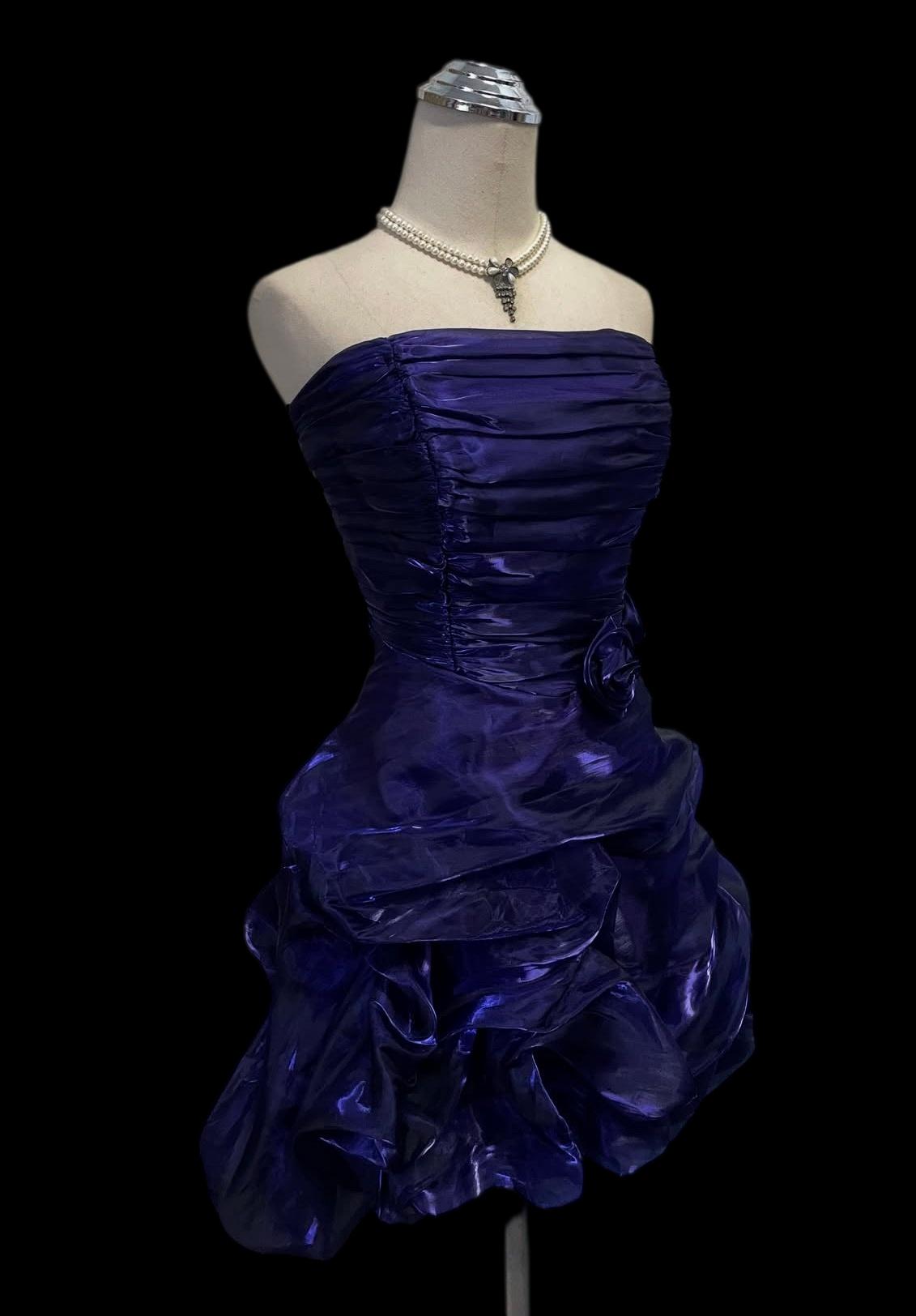 Trägerloses silbernes Vintage-Abendkleid, A-Linie, Geburtstagskleid J9370