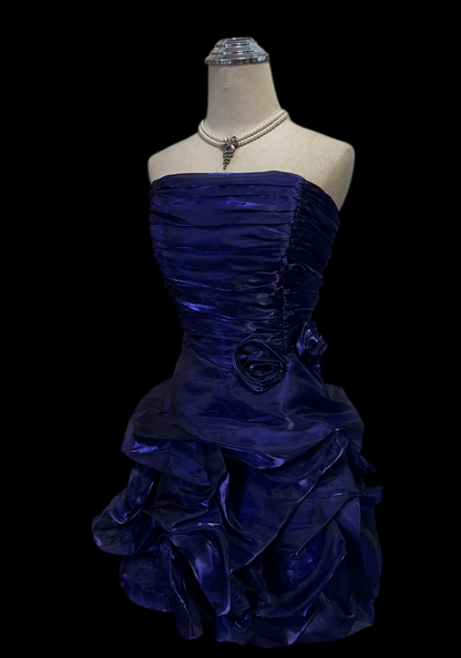 Trägerloses silbernes Vintage-Abendkleid, A-Linie, Geburtstagskleid J9370