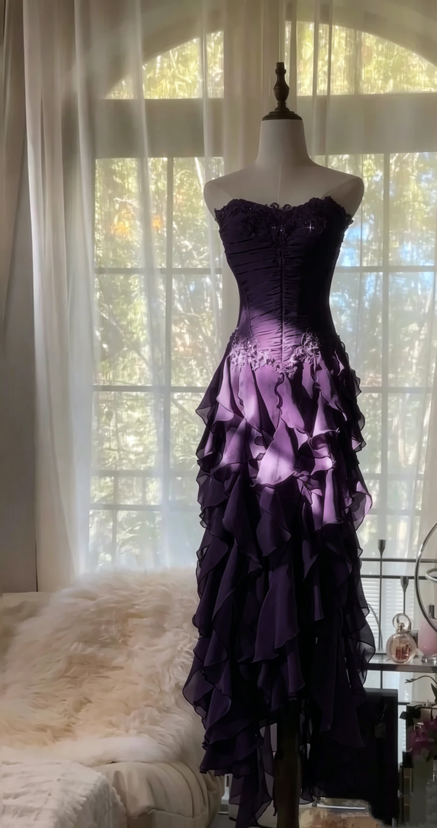 Strapless Ruffle Purple Prom Dress Applique Evening Dress J6324