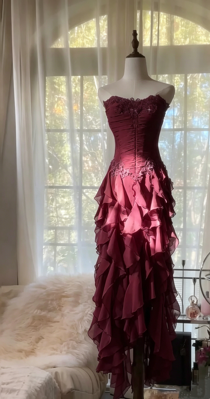 Strapless Ruffle Purple Prom Dress Applique Evening Dress J6324
