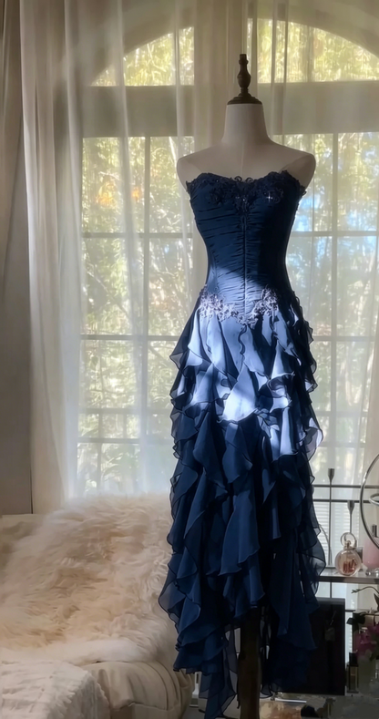 Strapless Ruffle Purple Prom Dress Applique Evening Dress J6324