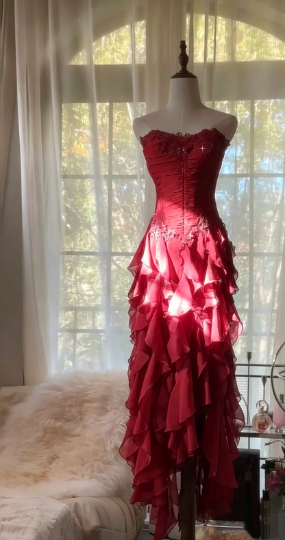 Strapless Ruffle Purple Prom Dress Applique Evening Dress J6324