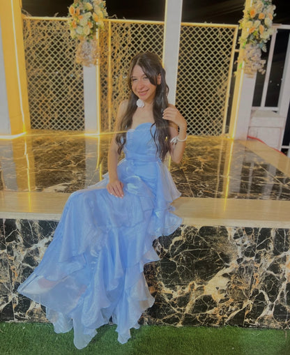 Strapless Ruffled Blue Formal Prom Dress A Line Evening Gown   J12145