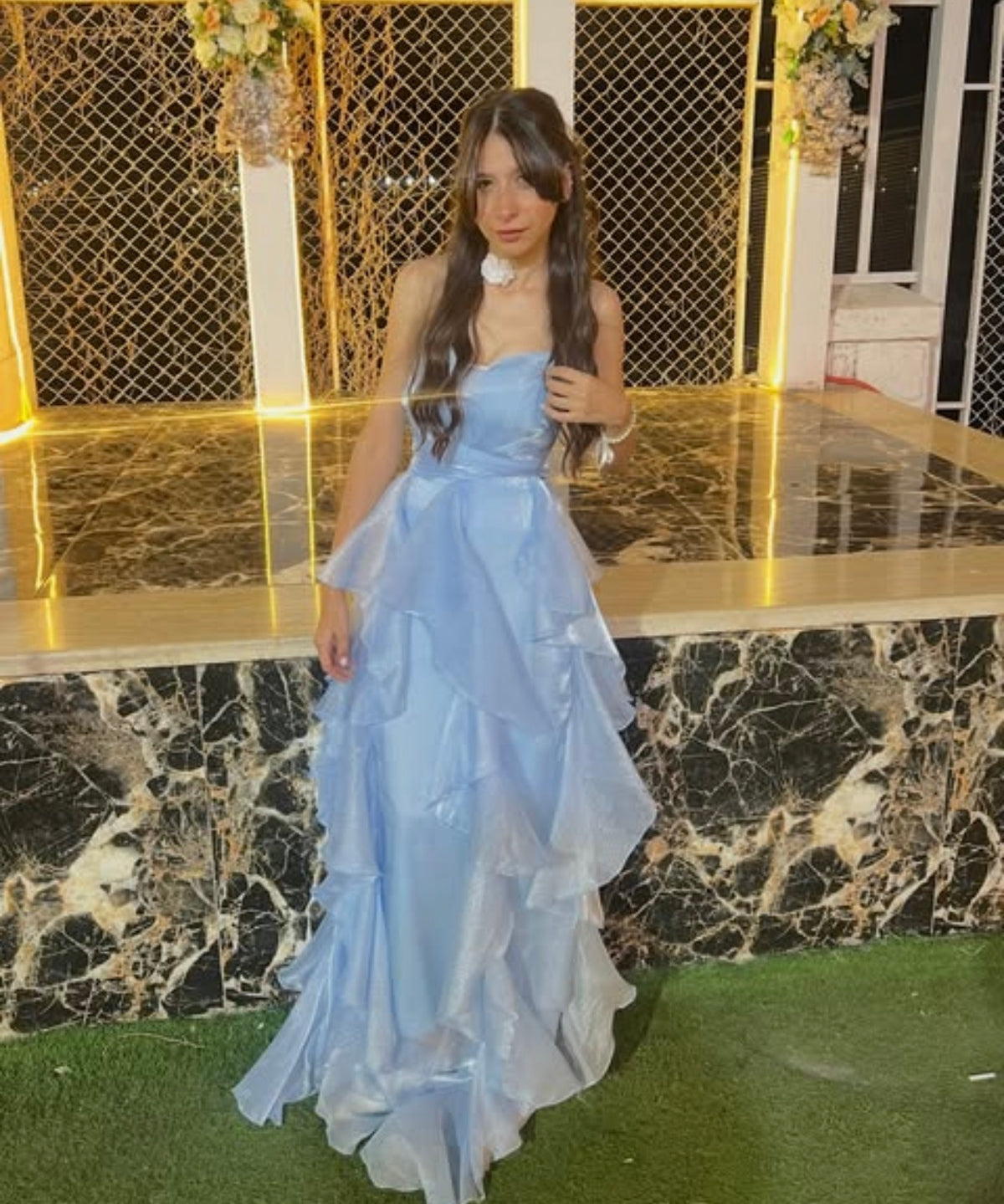 Strapless Ruffled Blue Formal Prom Dress A Line Evening Gown   J12145