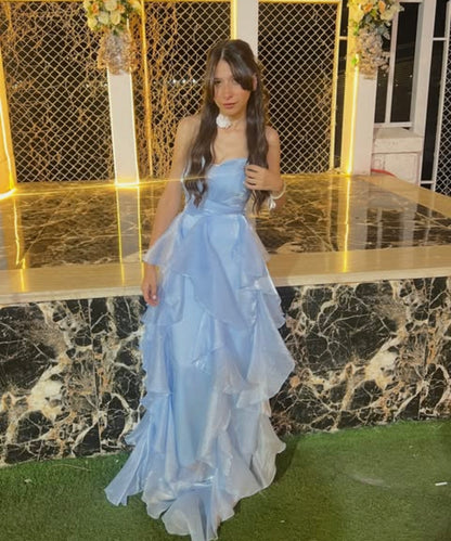 Strapless Ruffled Blue Formal Prom Dress A Line Evening Gown   J12145