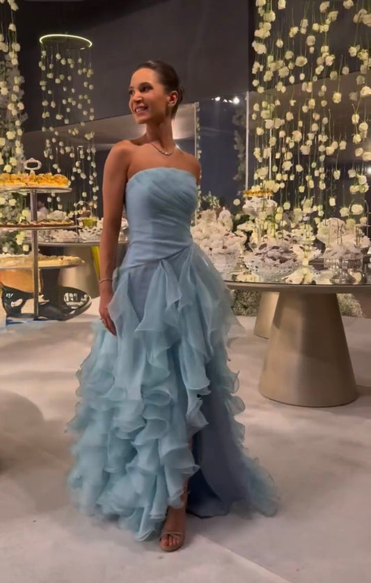 Strapless Ruffled Blue Formal Wedding Guest Dress Organza Prom Dress  J11834