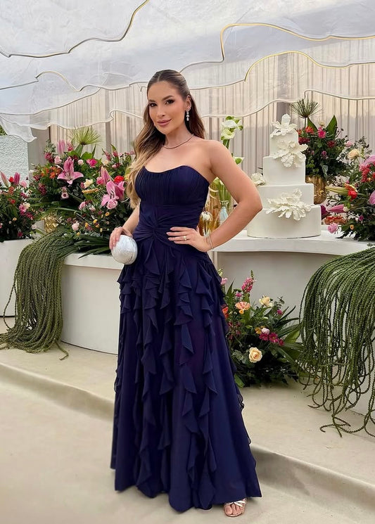 Strapless Ruffled Chiffon Formal Wedding Guest Dress  J11837