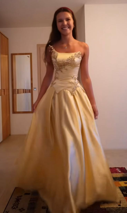 Strapless Satin Retro Formal Prom Dress Beaded Evening Gown  J11609