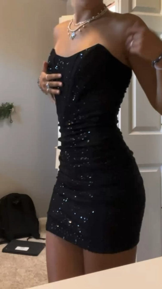 Strapless Sheath Black Homecoming Dress Sparkle Party Dress  J11087