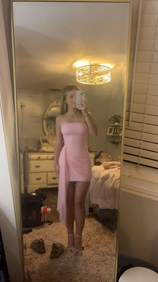 Strapless Sheath Pink Homecoming Dress Chiffon Birthday Dress  J11101