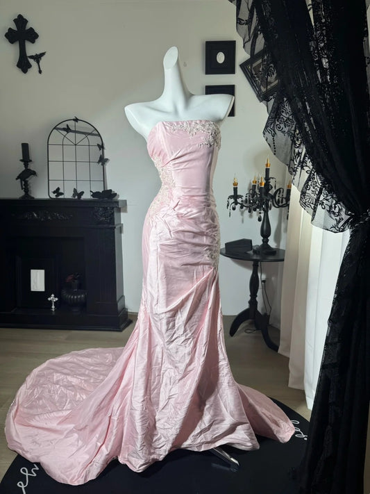 Trägerloses silbernes Vintage-Abendkleid, A-Linie, Geburtstagskleid J9370