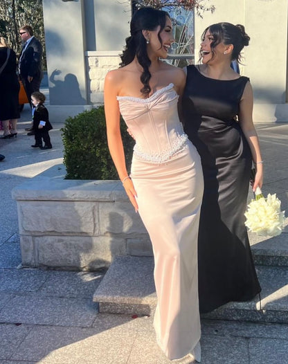 Strapless Sheath Satin Prom Dress With Pearls Formal Evening Gown J10103
