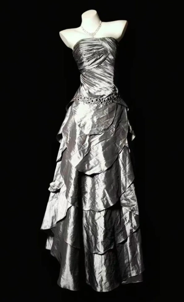 Strapless Silver Layered Retro Prom Dress Formal Evening Gown  J10342