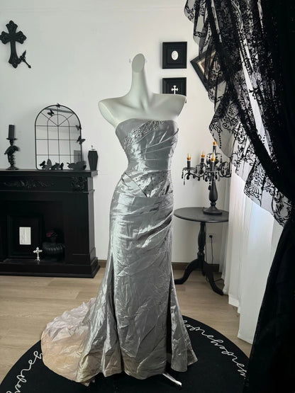 Strapless Silver Sheath Prom Dress Sheath Evening Dress  J10676