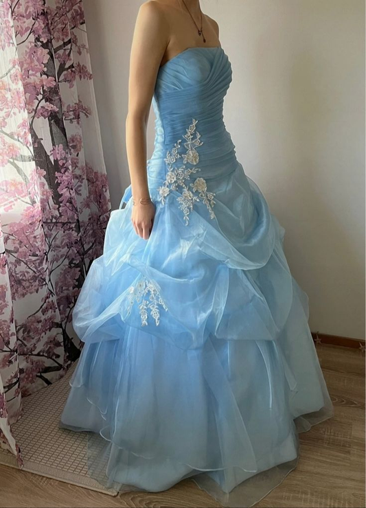 Strapless Sky Blue A Line Vintage Prom Dress Ball Gown Evening Dress J9987