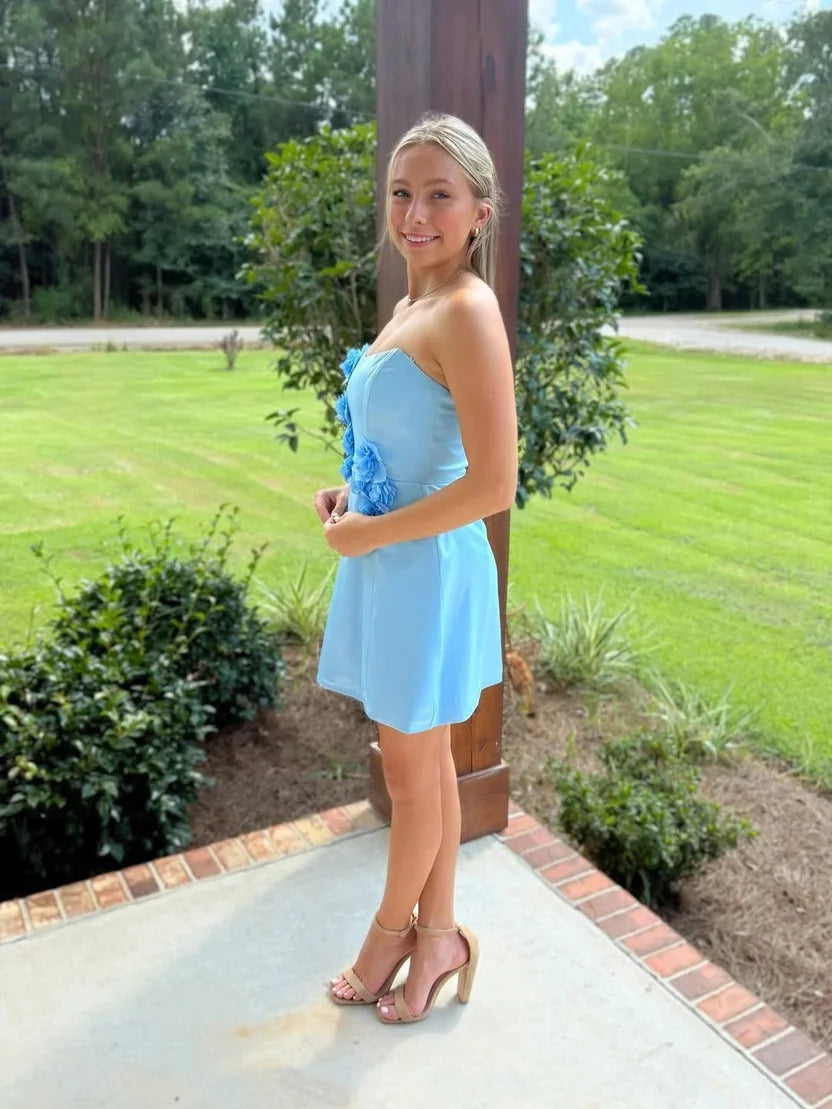 Strapless Sky Blue Mini Homecoming Dress With Flora  J11637