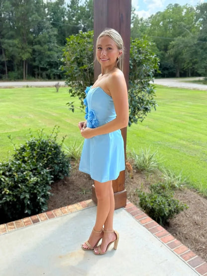 Strapless Sky Blue Mini Homecoming Dress With Flora  J11637