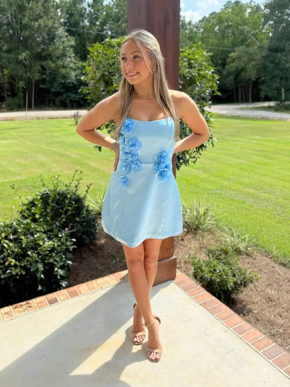 Strapless Sky Blue Mini Homecoming Dress With Flora  J11637