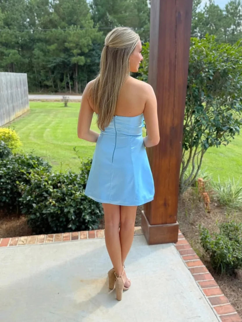 Strapless Sky Blue Mini Homecoming Dress With Flora  J11637