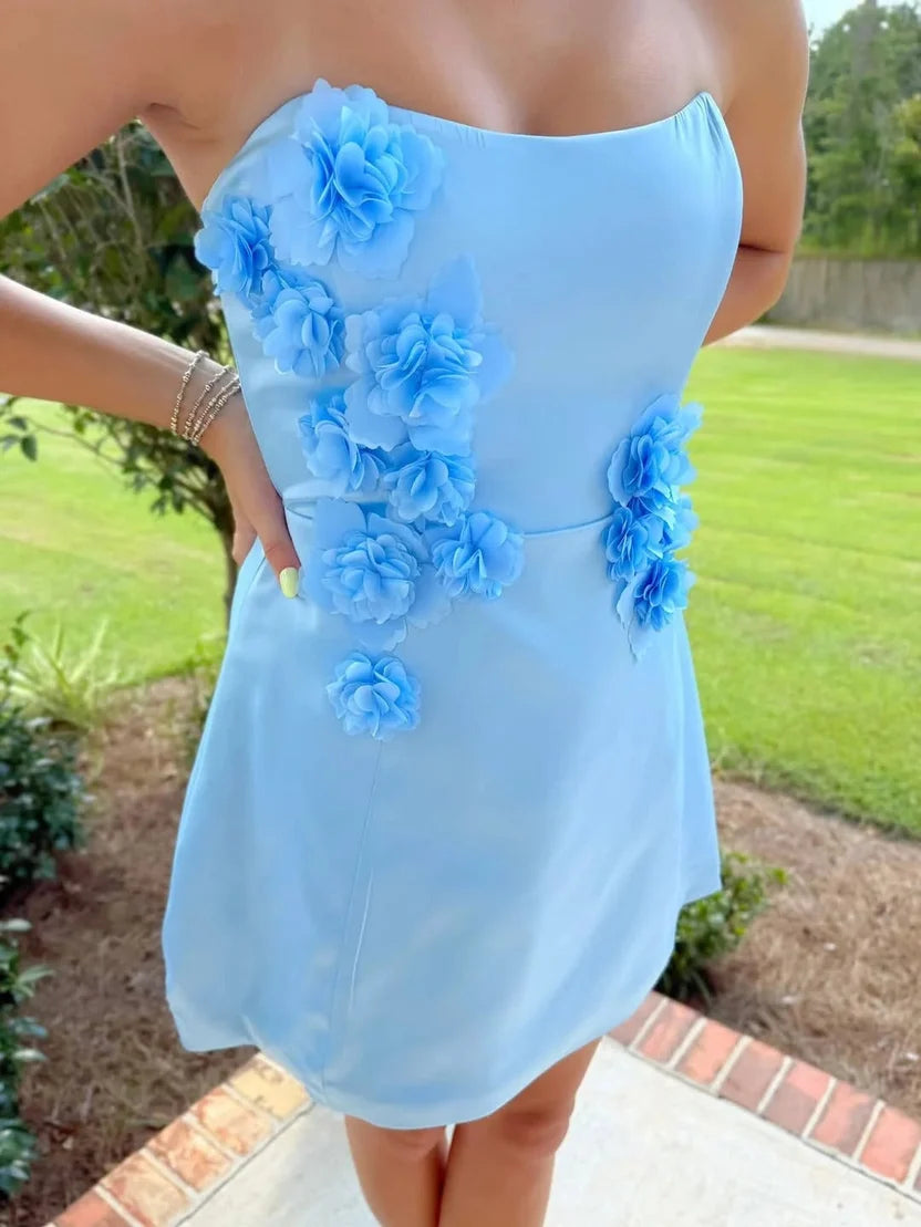 Strapless Sky Blue Mini Homecoming Dress With Flora  J11637