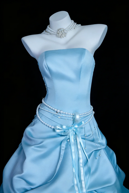 Strapless Sky Blue Prom Dress A Line Birthday Dress  J9737