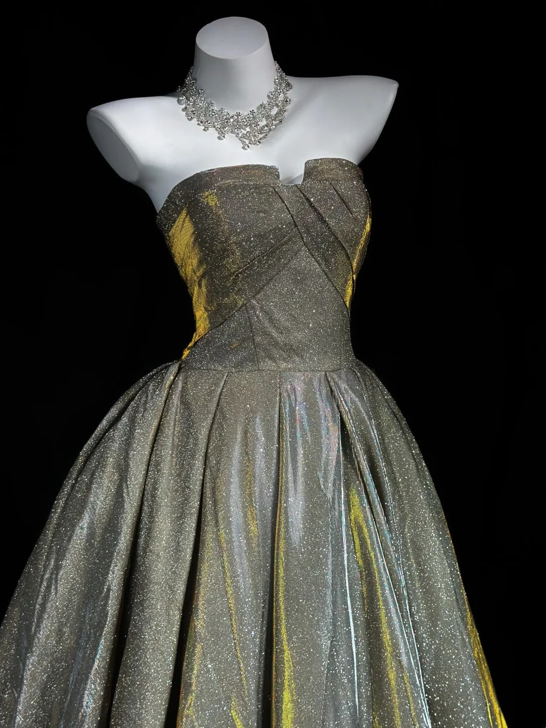 Trägerloses silbernes Vintage-Abendkleid, A-Linie, Geburtstagskleid J9370