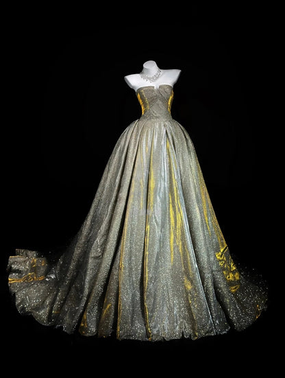 Trägerloses silbernes Vintage-Abendkleid, A-Linie, Geburtstagskleid J9370