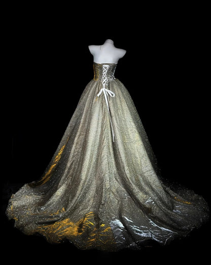 Trägerloses silbernes Vintage-Abendkleid, A-Linie, Geburtstagskleid J9370