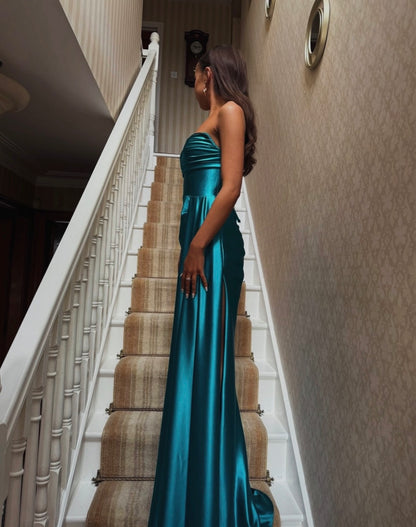 Trägerloses silbernes Vintage-Abendkleid, A-Linie, Geburtstagskleid J9370