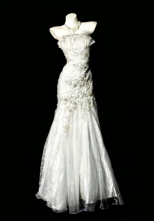 Trägerloses silbernes Vintage-Abendkleid, A-Linie, Geburtstagskleid J9370