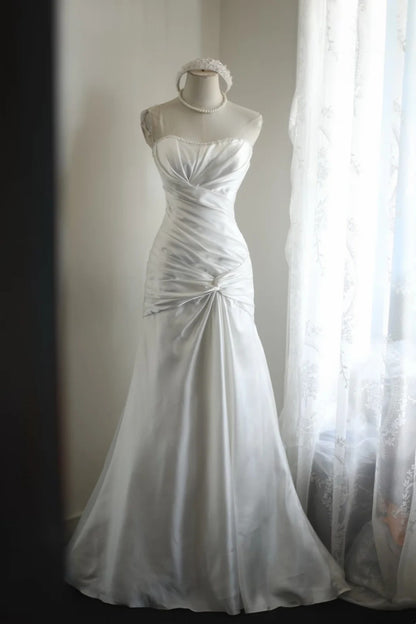 Strapless White Mermaid Satin Wedding Dress For Bride  J11906