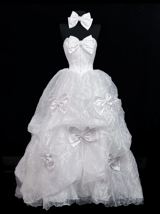 Strapless White Organza Wedding Dress With Bows Sweet 16 Birthday Gown J10154