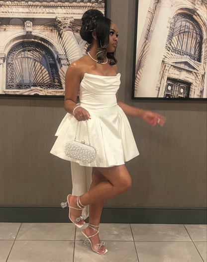Trägerloses silbernes Vintage-Abendkleid, A-Linie, Geburtstagskleid J9370