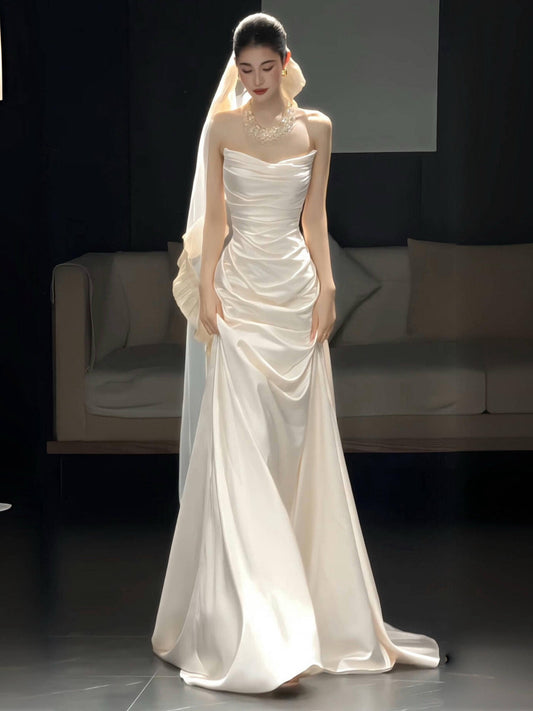 Strapless White Satin Wedding Dress Elegant Bridal Dress J9980