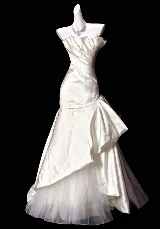 Strapless White Satin Wedding Dress For Bride Elegant Evening Dress J10885