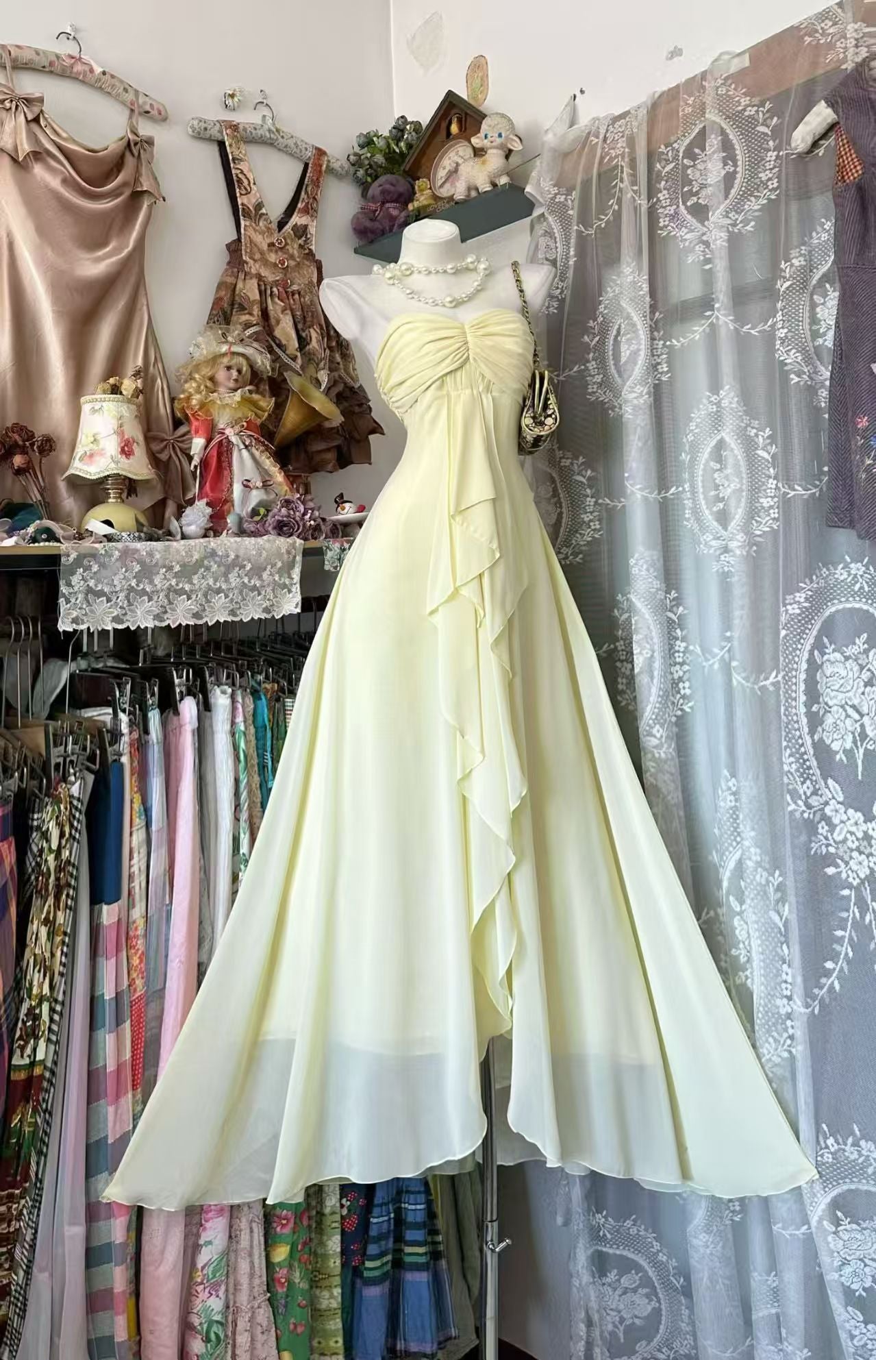 Strapless Yellow Chiffon A Line Prom Dress Formal Wedding Guest Dress J10073