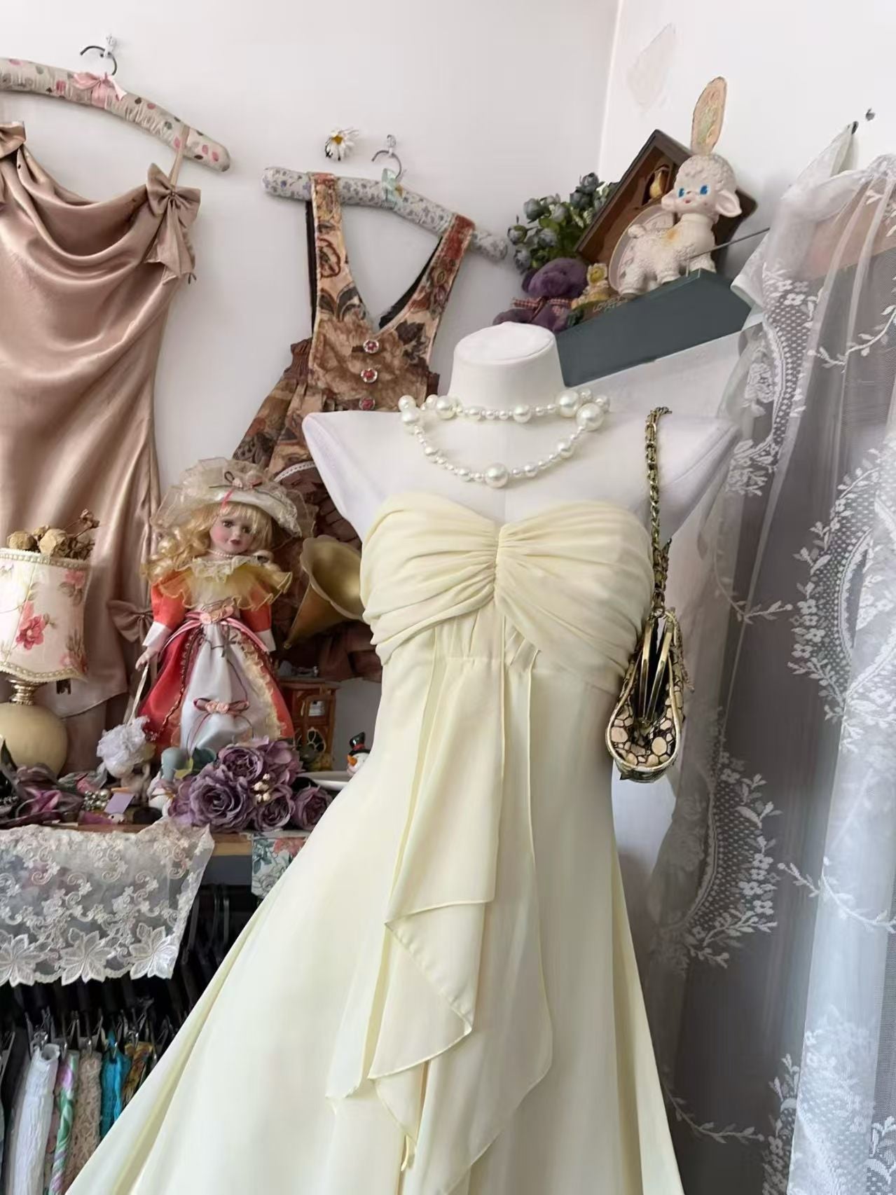 Strapless Yellow Chiffon A Line Prom Dress Formal Wedding Guest Dress J10073
