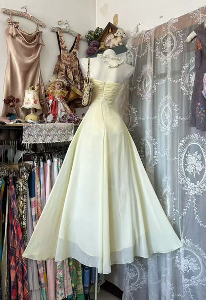 Strapless Yellow Chiffon A Line Prom Dress Formal Wedding Guest Dress J10073