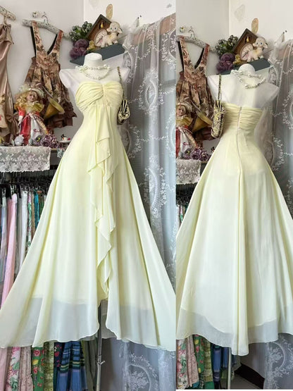 Strapless Yellow Chiffon A Line Prom Dress Formal Wedding Guest Dress J10073