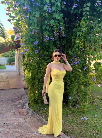 Strapless Yellow Mermaid Wedding Guest Dress Formal Prom Dress J10021