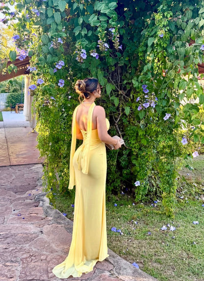 Strapless Yellow Mermaid Wedding Guest Dress Formal Prom Dress J10021