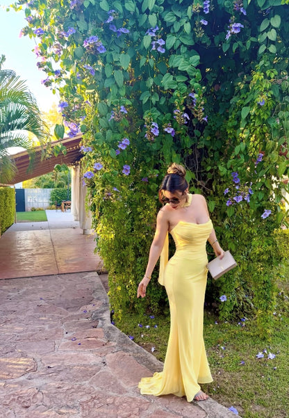 Strapless Yellow Mermaid Wedding Guest Dress Formal Prom Dress J10021