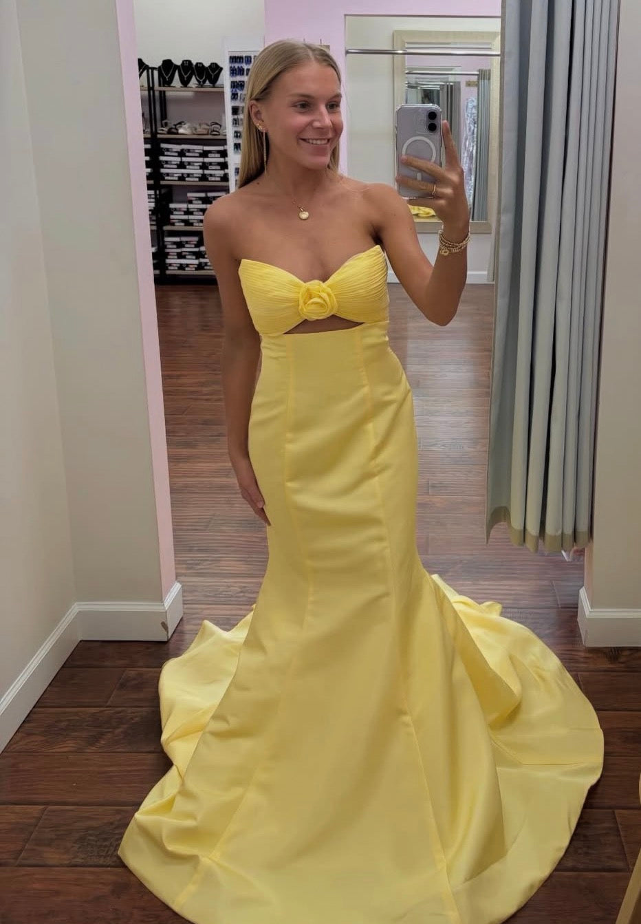 Strapless Yellow Satin Mermaid Formal Prom Dress J12178