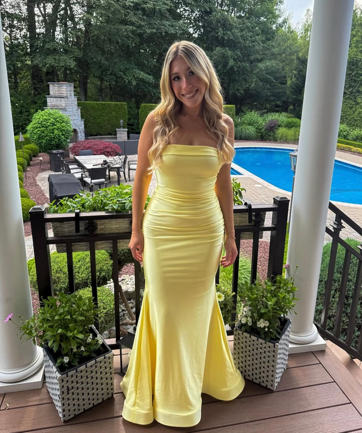 Strapless Yellow Satin Mermaid Prom Dress Wedding Guest Dress  J12186