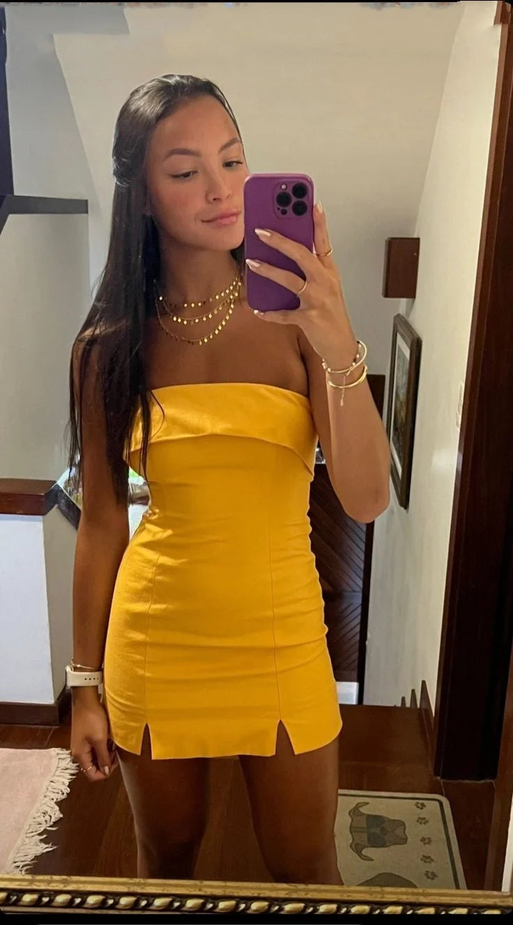 Strapless Yellow Sheath Homecoming Dress Mini Cocktail Dress  J11568