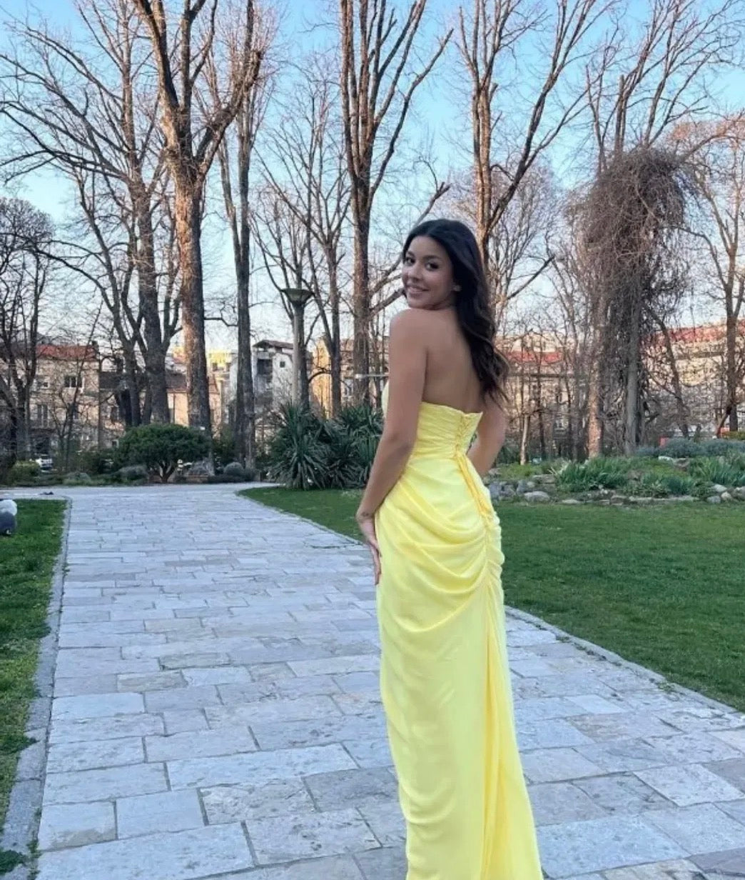 Strapless Yellow Wedding Guest Dress With Slit Formal Prom Dress  J10010