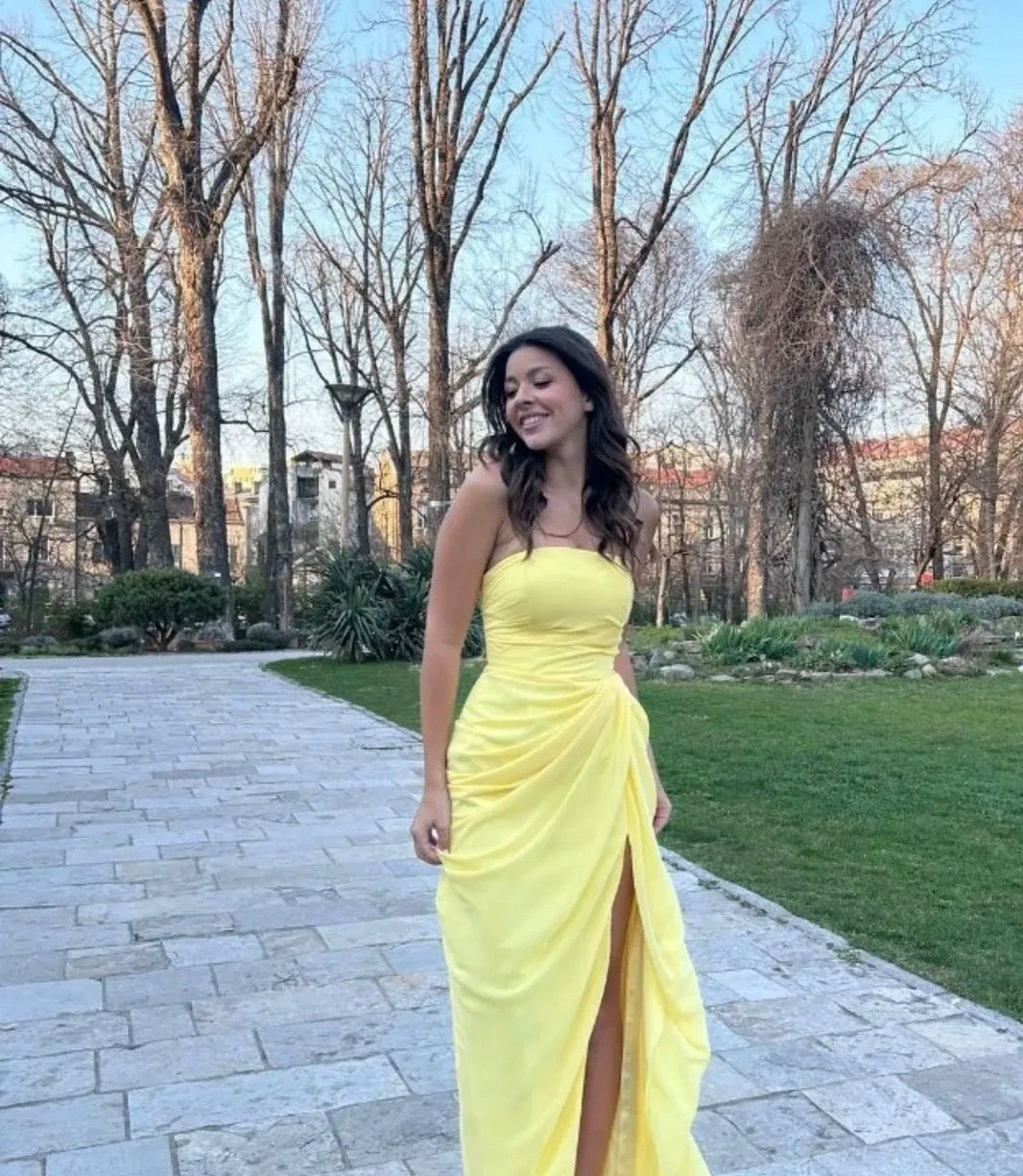 Strapless Yellow Wedding Guest Dress With Slit Formal Prom Dress  J10010