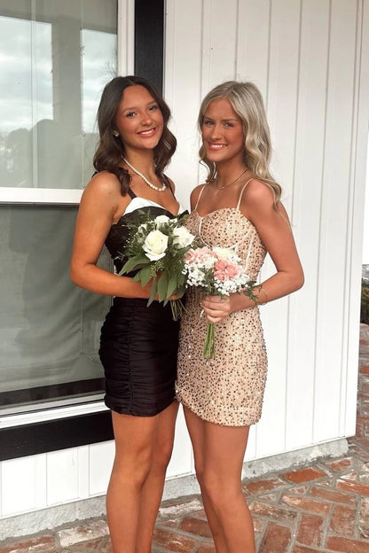 Spaghetti Straps Champagne Sequin Sheath Homecoming Dress J10700